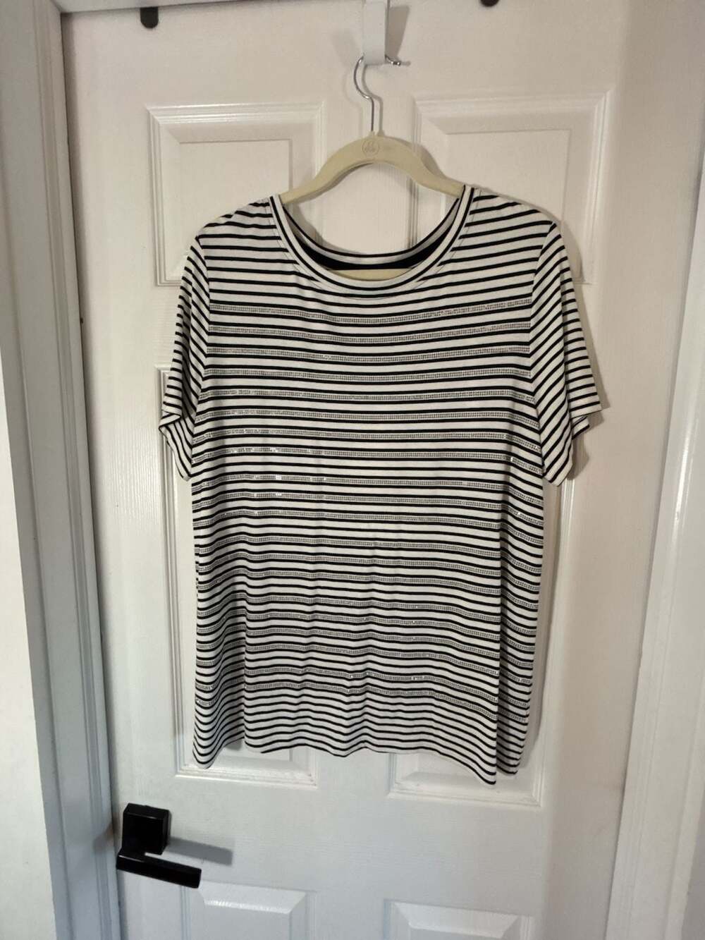 St. John Black And White Striped Short Sleeve Rhinestone Embellished Tee Size L